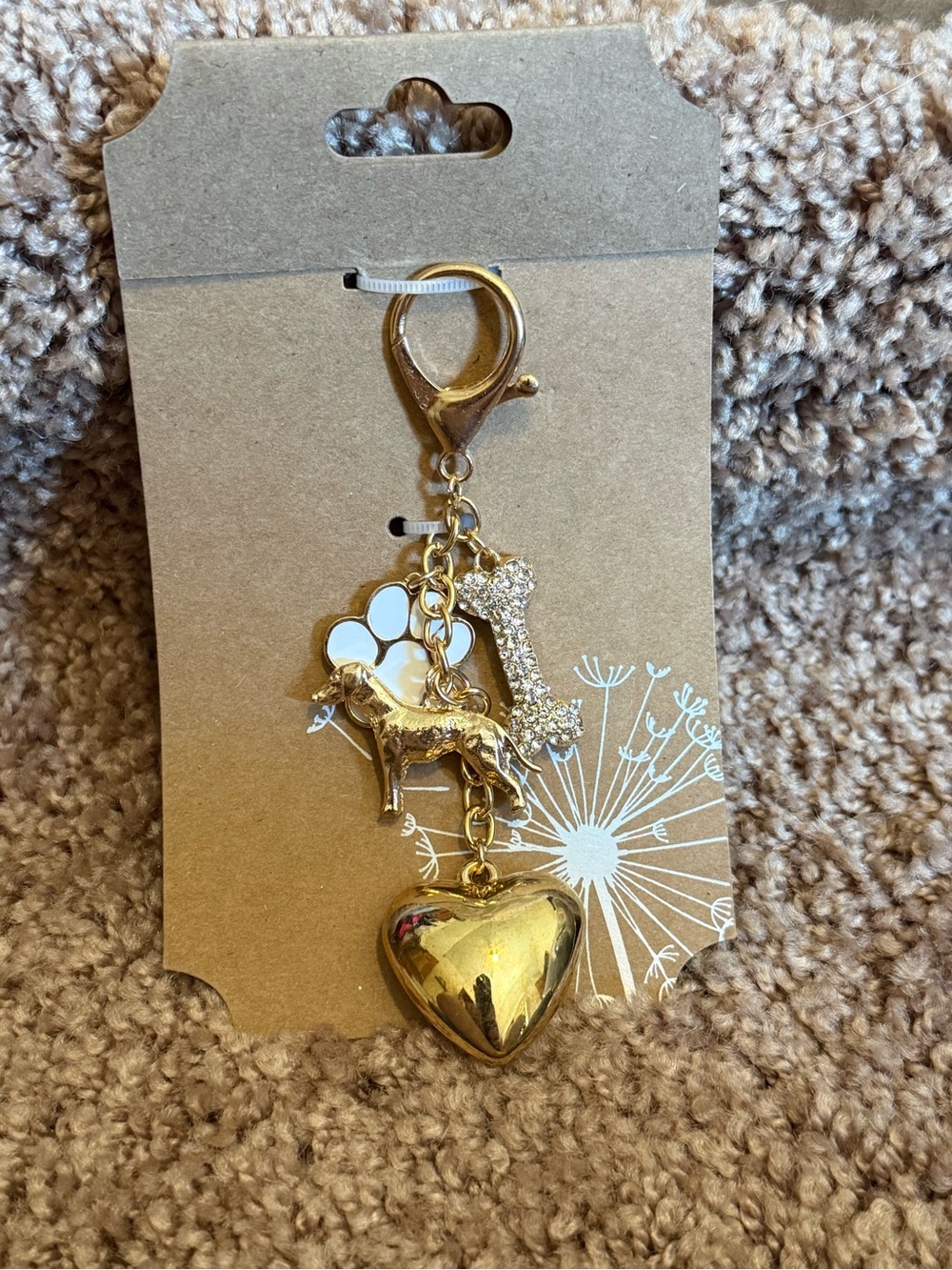 NWT Gold Dog Lover Bag Charm Keychain | Rhinestone Bone, Paw, & Heart